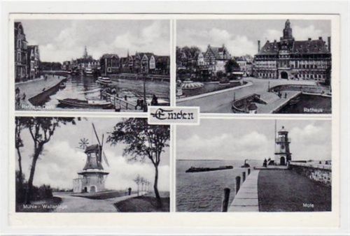 Emden Emden, 4 Abbildungen mit Mühle - Wallanlage und Rathaus gelaufen, 1957 kleiner Knick unten links, sonst gut erhalten