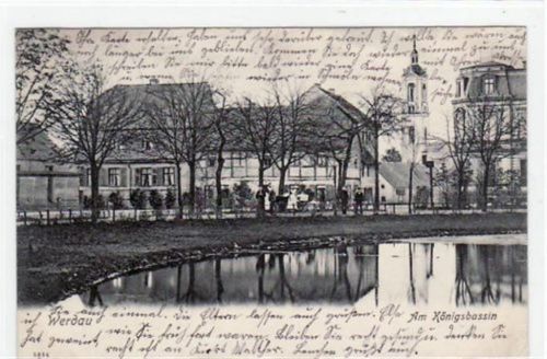 Werdau Werdau mit Partie am Königsbassin gelaufen von 1904 kleiner Knick oben rechts, leichter Stempeldurchdruck, sonst gut erhalten