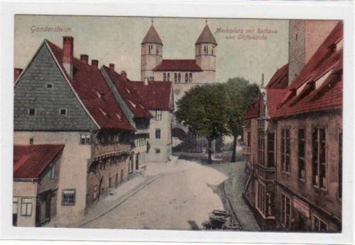 Bad Gandersheim Gandersheim. Marktplatz mit Rathaus und Stiftskirche gelaufen, 1908. Leichter Stempeldurchdruck, sonst gut erhalten