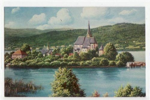 Maria Wörth, Künstlerkarte mit Blick auf die Kirche ungelaufen Gute Erhaltung.