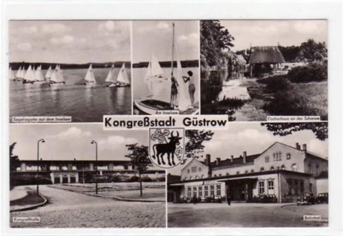 Güstrow i. Meckl. mit verschiedenen Abbildungen gelaufen von 1961 kleiner Knick oben rechts, leichter Knick unten in der Mitte, sonst gut erhalten.