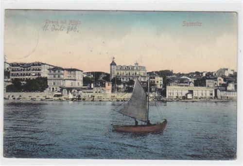 Sassnitz Sassnitz. Strand mit Hotels Segelboot gelaufen 1906. Leichter Stempeldurchdruck kleiner Knick an der linken unteren Ecke leichte Eckabschürfungen, sonst gut erhalten