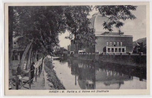 Hagen Hagen mit Partie a.d. Volme und Stadthalle gelaufen von ca. 1930. Gute Erhaltung.