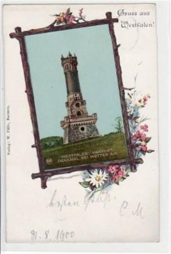 Wetter, Rahmenkarte mit Harkortdenkmal Foto ist aufgeklebt gelaufen von 1900. Gute Erhaltung.