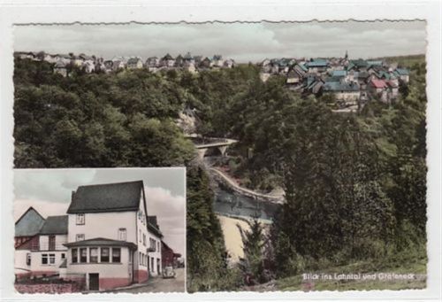 Blick ins Lahntal und Gräfeneck mit Gastwirtschaft und Pension Hermann Pauli gelaufen, 1957. Gute Erhaltung.