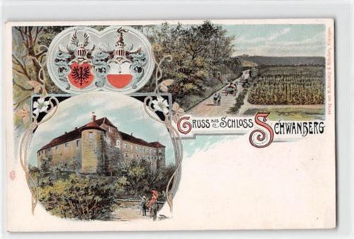 Lithographie Gruss aus Schloss Schwanberg mit Wappen ungelaufen Radierspuren Rückseite, sonst gut erhalten