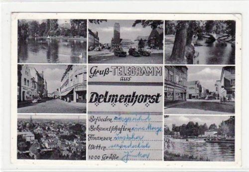 Delmenhorst Delmenhorst, 7 Abbildungen mit Marktplatz gelaufen, 1957. An den Ecke n kleine Knicke, leicht fleckig, sonst gut erhalten