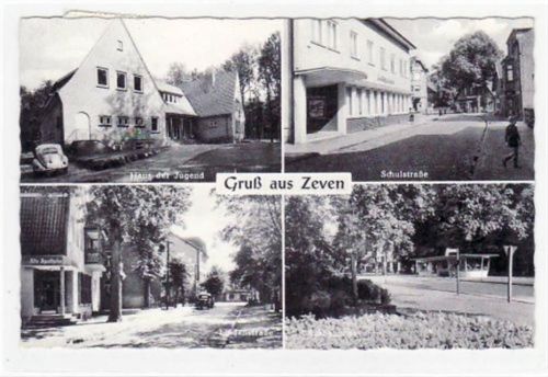 Zeven, 4 Abbildungen mit Haus d. Jugend u. Schulstraße gelaufen, 1958. Leichter Stempeldurchdruck, kleiner Knick unten links, sonst gut erhalten