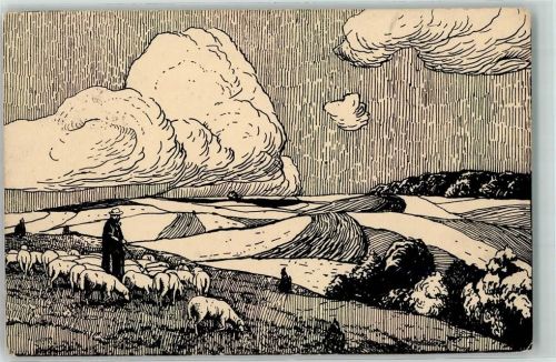 1914 sign. W. Strich-Chapell - Heimtschutz Karte Nr. 2 Schafe Hirte fe