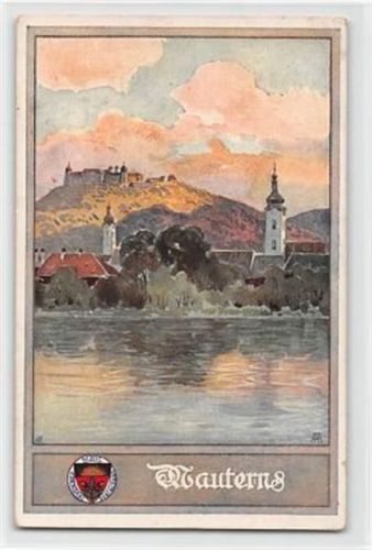 Künstlerkarte Mautern an der Donau. Teilansicht mit Kirche gelaufen. Leichter Schrift- und Stempeldurchdruck, kleiner Knick oben und unten rechts, sonst gut erhalten