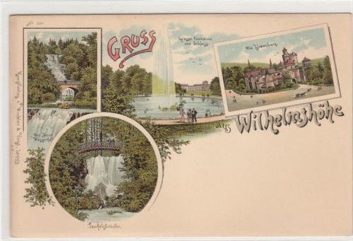 Wilhelmshöhe Kassel - Wilhelmshöhe, Lithographie. Löwenburg große Fontaine Schloss neue Wasserfall Teufelsbrücke ungelaufen um 1900 Bügig, sonst gut erhalten