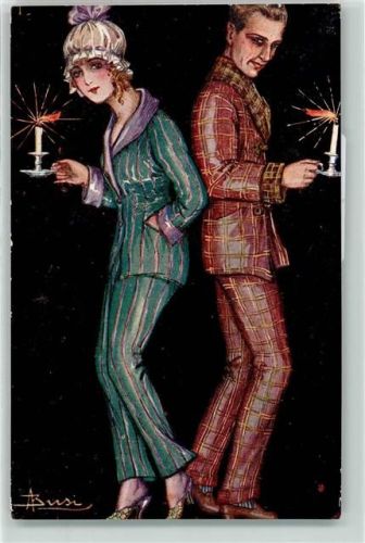 Art Deco Nachtwäsche Liebespaar mit Kerzen in der Hand AK Busi, A.
