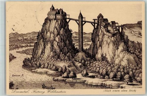 88637 W7795 Leibertingen Künstlerkarte Burg Wildenstein Turm Brücke Weg Donau sign. Matth. Merian 1643