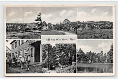 Waldbröl-Bröl. Straßenpartie, eine Waldpartie, zwei Teilansichten Schwimmbad Gasthof mit Pferdekutsche davor gelaufen. Leichter Schrift- und Stempeldurchdruck, kleiner Knick oben rechts, leicht stockfleckig, sonst gut erhalten