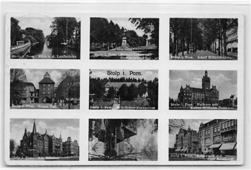 Stolp Stolp / Slupsk. Zerteilbare Postkarte 9 einzelne Bilder Bismarckplatz Bismarckdenkmal, Adolf Hitlerstraße,Waldkater-Restaurant, Rathaus Kaiser-Wilhelm-Denkmal, Bahntor, Schloßmühle Café Reinhardt gelaufen 1935. Gute Erhaltung. WK II