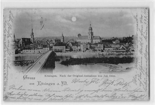 Kitzingen. Mainbrücke Kirche im Mondschein gelaufen. Leichte Stempelspuren, leicht fleckig, leicht bügig, sonst gut erhalten