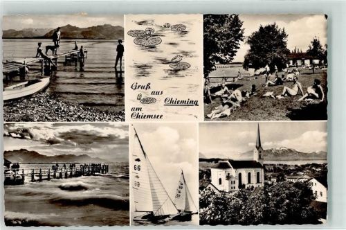 83339 W8224 Chieming - Chiemsee Badesteg Liegewiese Segelboote Kirche