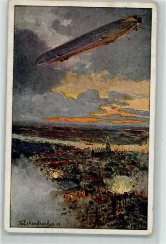 sign. Eckenbrecher Zeppelin über Antwerpen WK I AK Luftflottenverein 1915 Künstlerkarte