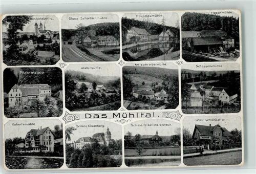 Eisenberg Klosterlausnitz Obere Scharlachmühle Naupoldsmühle Froschmühle Pfarrmühle Walkmühle Amtsschreibermühle Sclössersmühle Robertsmühle Schloss Eisenberg Waldschlösschen Schloss Friedrichstanneck