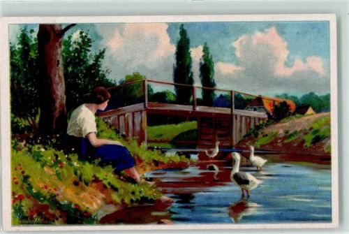 Nr. 1854 Wenau Delila Frau und Enten AK