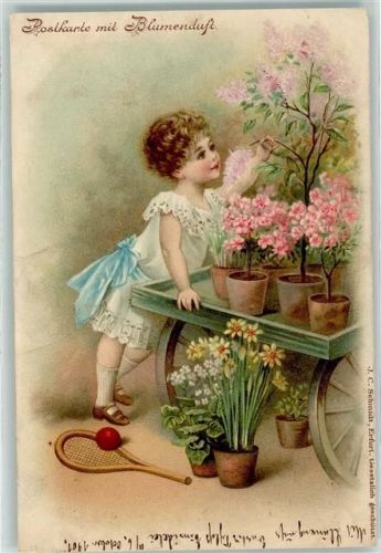 Blumenduft Kind Tennisschläger Flieder Verlag J.C. Schmidt Duftkarte 1901 Lithographie / Künstlerkarte