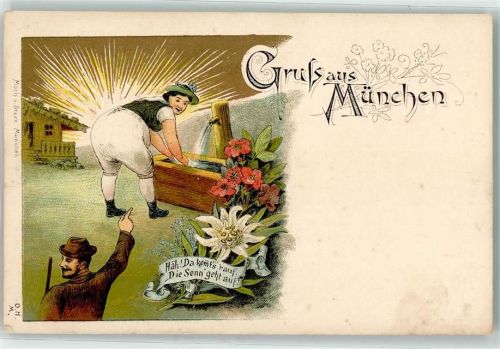 W8000 München Erotik , die Sonne geht auf , dicke Frau am Brunnen Verlag Moch & Stern Gruss aus den Bergen 1900 Lithographie / Künstlerkarte