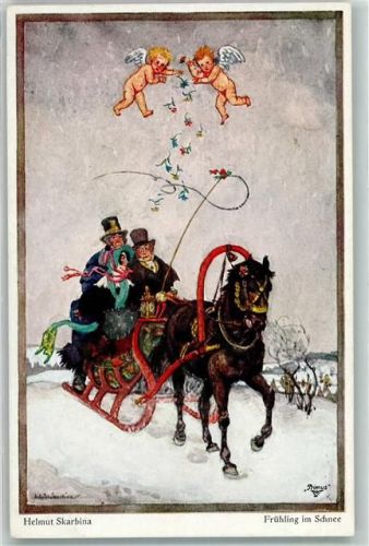 Frühling im Schnee Pferdeschlitten Engel Amor Wohlgemuth & Lissner Nr. 5238 Primus AK