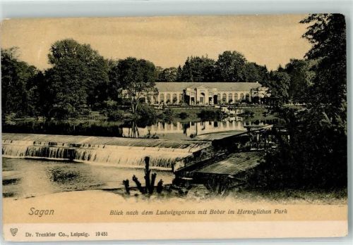 Sagan 1908 Blick zum Ludwigsgarten mit Bober im herzöglichen Park Staustufen