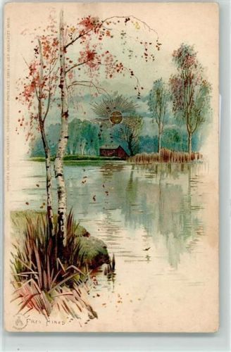Sonnenschein Karte Serie IX Landschaft am Weiher Natur sign. Fred Hines AK