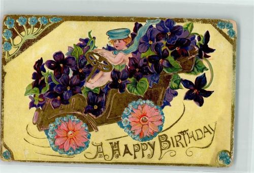 Prägedruck Birthday Geburtstag Automobil mit Blüten geschmückt AK Glückwunsch Auto Gebrauchsspuren
