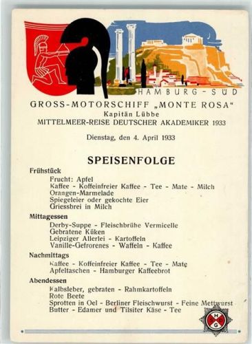 Dampfer Monte Rosa 1933 , Diesntag 4. April AK Speisekarte 1933