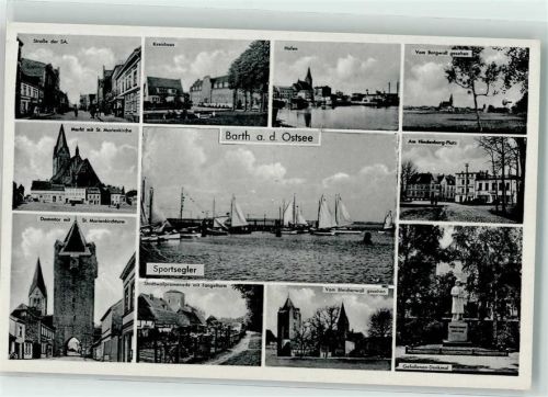 Barth Straße der Sachsen Kreishaus Hafen vom Borgwall gesehen Markt mit St. Marienkirche Sportsegler Hindenburg Platz Dammtor mit St. Marienkirchenturm Fangelturm vom Bleicherwall gesehen Gefallenen Denkmal