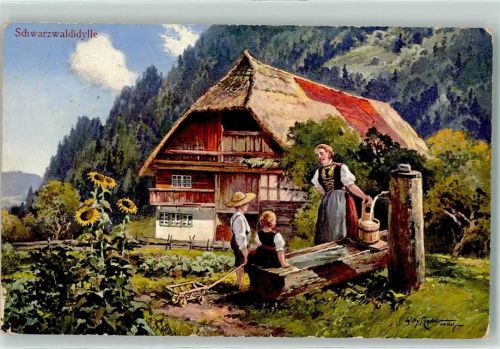 1916 Schwarzwaldidylle Frau mit Kindern am Quellbrunnen Tracht AK