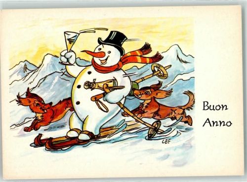 1969 vermenschlicht auf Ski , Dackel , Neujahr Buon Anno sign. C. Cefischer