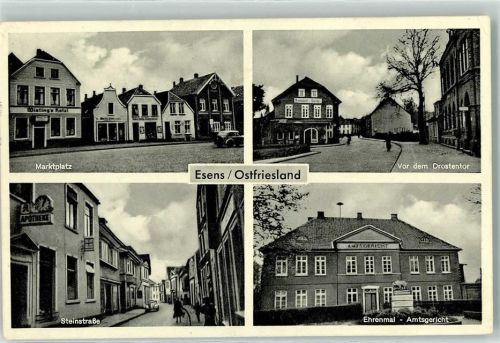 Esens Marktplatz Drostentor Steinstraße Ehrenmal Amtsgericht Apotheke Uhr Auto Wieting´s Hotel Geschäfte