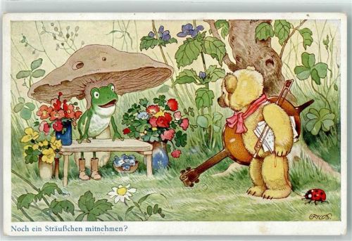 Noch ein Sträußchen mitnehmen Frosch Teddybär Marienkäfer vermenschlicht Oppel und Hess Nr.1504-2 Baumgarten, Fritz Künstlerkarte