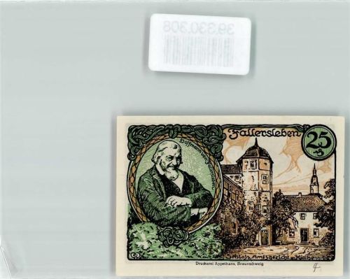 Fallersleben 1920 Notgeld Gutschein von Fallersleben 25 Pfennig Schloss Amtsgericht u. Kirche