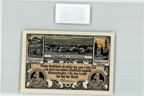 Eschershausen Notgeld 1 Mark Wilhelm Raabe Geburtshaus Raabeturm Denkmal Tinte Feder Schriftrolle Braunschweig