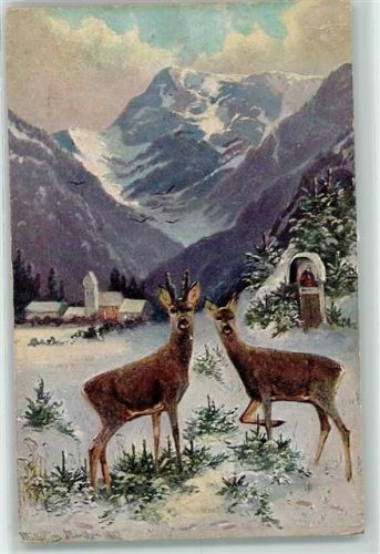 1900 Winter Rehe Jagdtiere Wegkreuz AK