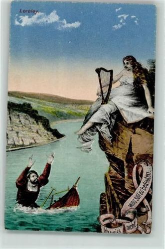 Fischer versinkt mit seinem Boot, Loreley mit einer Harfe AK