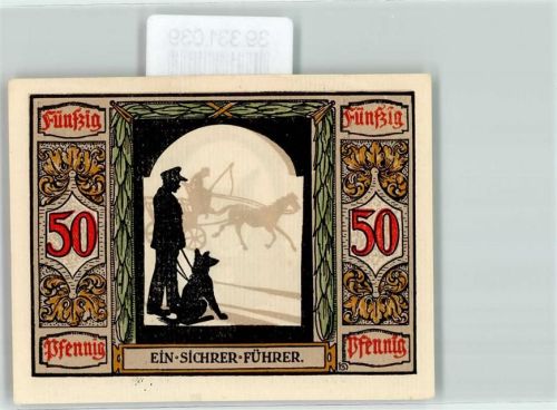 Oldenburg Notgeld 50 Pfennig Deutscher Führhund für Kriegs Blinde Kutsche