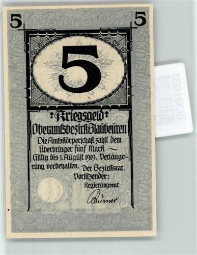 Blaubeuren Notgeld Kriegsgeld Fünf Mark Mann mit Hirschstangen