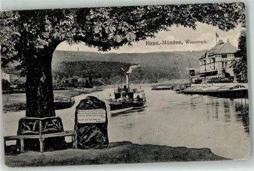 Hann Münden 1917 Weserstein Feldpost Schiff Boot Fahne Baum Bank