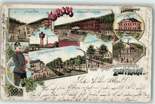Zeithain 1900 Truppenübungsplatz Haupttor Bahnhof Königl. Garnison Verwaltung Wasserturm Offiziers Casino Cantine König Albert Straße Lithographie