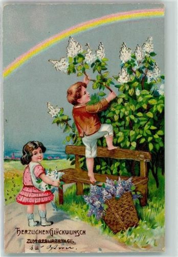 1909 Geburtstag Kinder pflücken Flieder AK