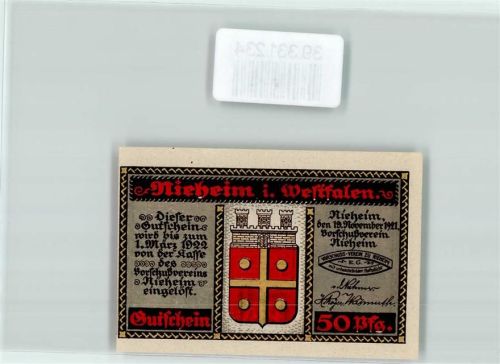 Nieheim Notgeld 50 Pfennig Wappen Türme Rot Gold Weber´s Wohnhaus