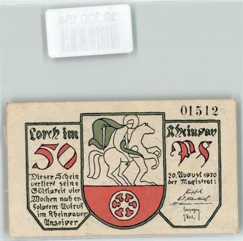 Lorch Notgeld 50 Pfennig Lorch im Rheingau Nr. 01512