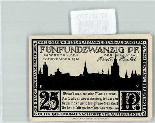 Paderborn Notgeld 25 Pfennig Die Kisau