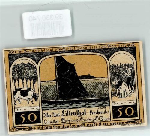 Lilienthal Notgeld 50 Pfennig Segelboot Landwirtschaft Kuh