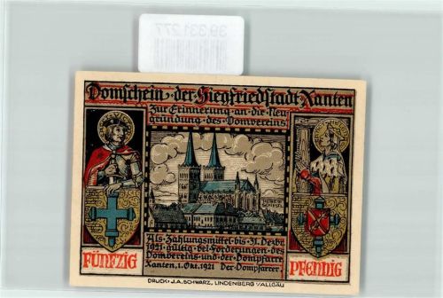 Xanten Notgeld 50 Pfennig Dom Siegfriedstadt Wappen Kreuz Siegfried bei dem Schmied